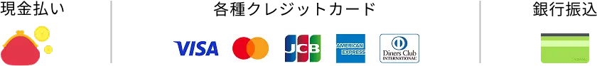 お支払い方法（現金・銀行振込・VISA・Mastercard・JCB・American Express・Diners Club）